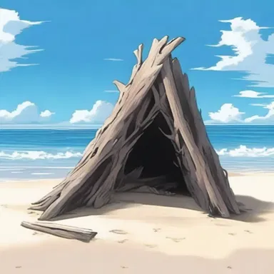 In the anime series, the protagonist found a piece of driftwood on the beach and used it to build a makeshift shelter.
