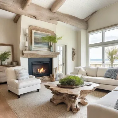 The beach house was beautifully designed with driftwood accents, including a coffee table made from a large piece of driftwood.