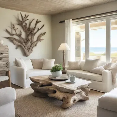 The beach house was beautifully designed with driftwood accents, including a coffee table made from a large piece of driftwood.