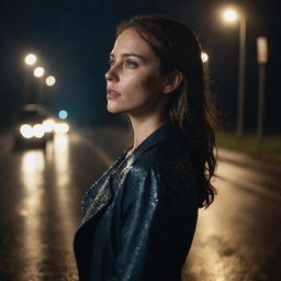 A realistic portrait of a beautiful woman, standing on a rain-drenched road at night, depicted from a side angle view in a medium shot