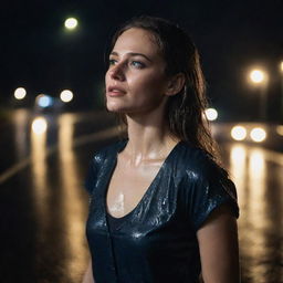 A realistic portrait of a beautiful woman, standing on a rain-drenched road at night, depicted from a side angle view in a medium shot