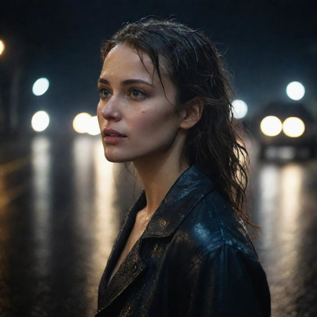 A realistic portrait of a beautiful woman, standing on a rain-drenched road at night, depicted from a side angle view in a medium shot