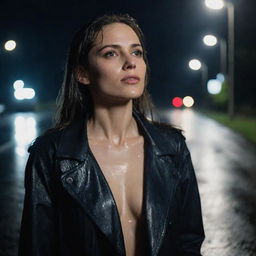 A realistic portrait of a beautiful woman, standing on a rain-drenched road at night, depicted from a side angle view in a medium shot