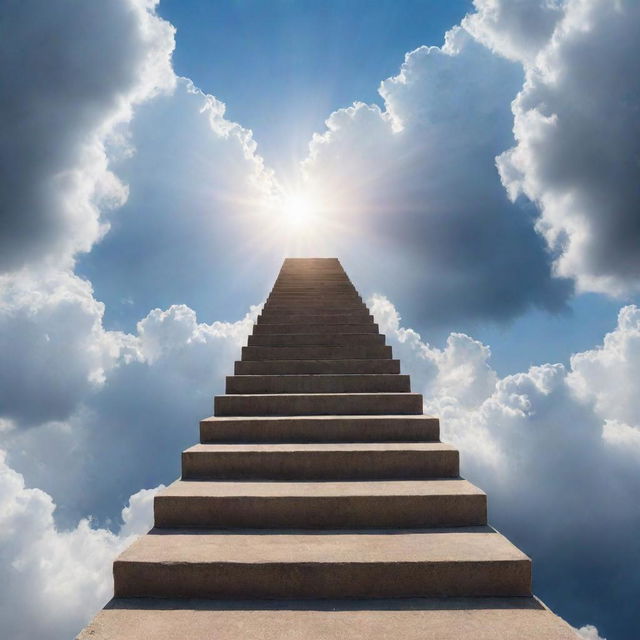 A majestic and infinite staircase ascends into an endless sky, surrounded by floating clouds and piercing beams of sunlight. Each step seems to reach higher into the ethereal expanse above.