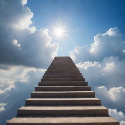 A majestic and infinite staircase ascends into an endless sky, surrounded by floating clouds and piercing beams of sunlight. Each step seems to reach higher into the ethereal expanse above.