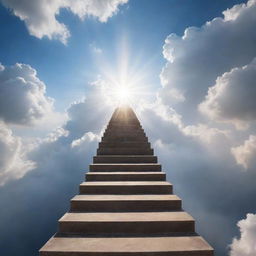 A majestic and infinite staircase ascends into an endless sky, surrounded by floating clouds and piercing beams of sunlight. Each step seems to reach higher into the ethereal expanse above.