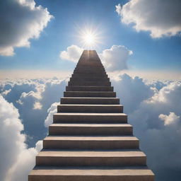 A majestic and infinite staircase ascends into an endless sky, surrounded by floating clouds and piercing beams of sunlight. Each step seems to reach higher into the ethereal expanse above.