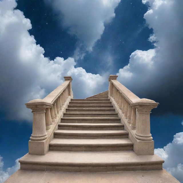 An enchanting image of a grand staircase made of clouds, stretching up into the open sky, reaching towards the infinite cosmos, symbolizing a celestial passage