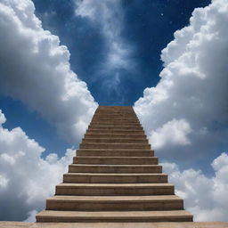 An enchanting image of a grand staircase made of clouds, stretching up into the open sky, reaching towards the infinite cosmos, symbolizing a celestial passage