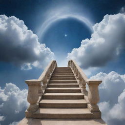 An enchanting image of a grand staircase made of clouds, stretching up into the open sky, reaching towards the infinite cosmos, symbolizing a celestial passage