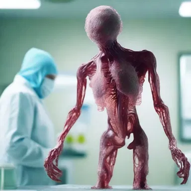 The scientist's experiment with the mutated virus caused the subject's body to catabolize rapidly, turning them into a horrifying creature.