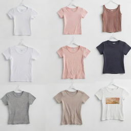 Images of various styles of women's t-shirts, each on a white background