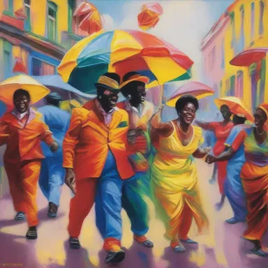 The vibrant colors used in the artist's painting carry over the sense of joy and energy from the carnival.