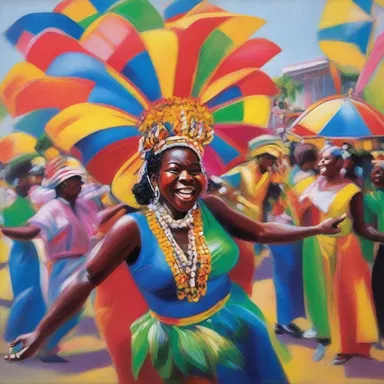 The vibrant colors used in the artist's painting carry over the sense of joy and energy from the carnival.