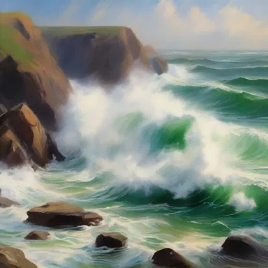 The artist used bold brushstrokes to carry over the texture of the waves crashing against the rocks in the painting.