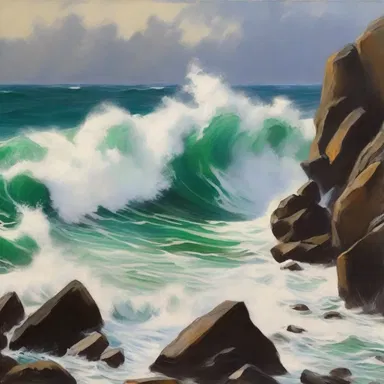 The artist used bold brushstrokes to carry over the texture of the waves crashing against the rocks in the painting.