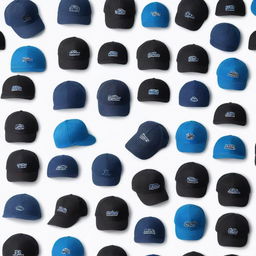 Images of black and blue caps with unique designs, each on a white background