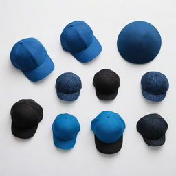 Images of black and blue caps with unique designs, each on a white background