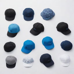 Images of black and blue caps with unique designs, each on a white background