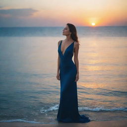 An extremely elegant woman posing gracefully in front of the serene deep blue ocean during sunset.