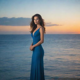 An extremely elegant woman posing gracefully in front of the serene deep blue ocean during sunset.