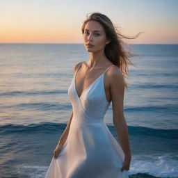 An extremely elegant woman posing gracefully in front of the serene deep blue ocean during sunset.