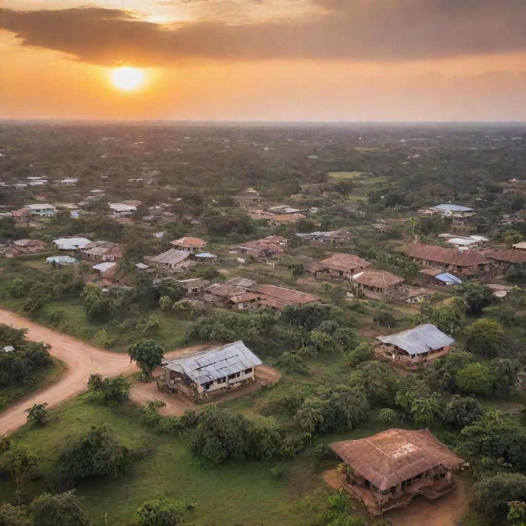 Scenic Ghana landscape encompassing thriving cityscapes, lush forests, and rustic villages, under a vibrant sunset sky.