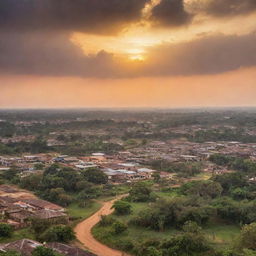 Scenic Ghana landscape encompassing thriving cityscapes, lush forests, and rustic villages, under a vibrant sunset sky.