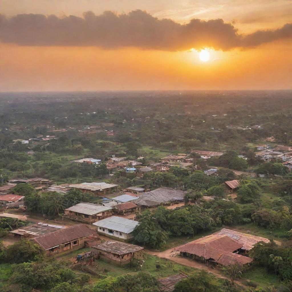 Scenic Ghana landscape encompassing thriving cityscapes, lush forests, and rustic villages, under a vibrant sunset sky.