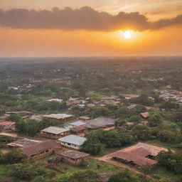 Scenic Ghana landscape encompassing thriving cityscapes, lush forests, and rustic villages, under a vibrant sunset sky.