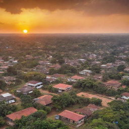 Scenic Ghana landscape encompassing thriving cityscapes, lush forests, and rustic villages, under a vibrant sunset sky.