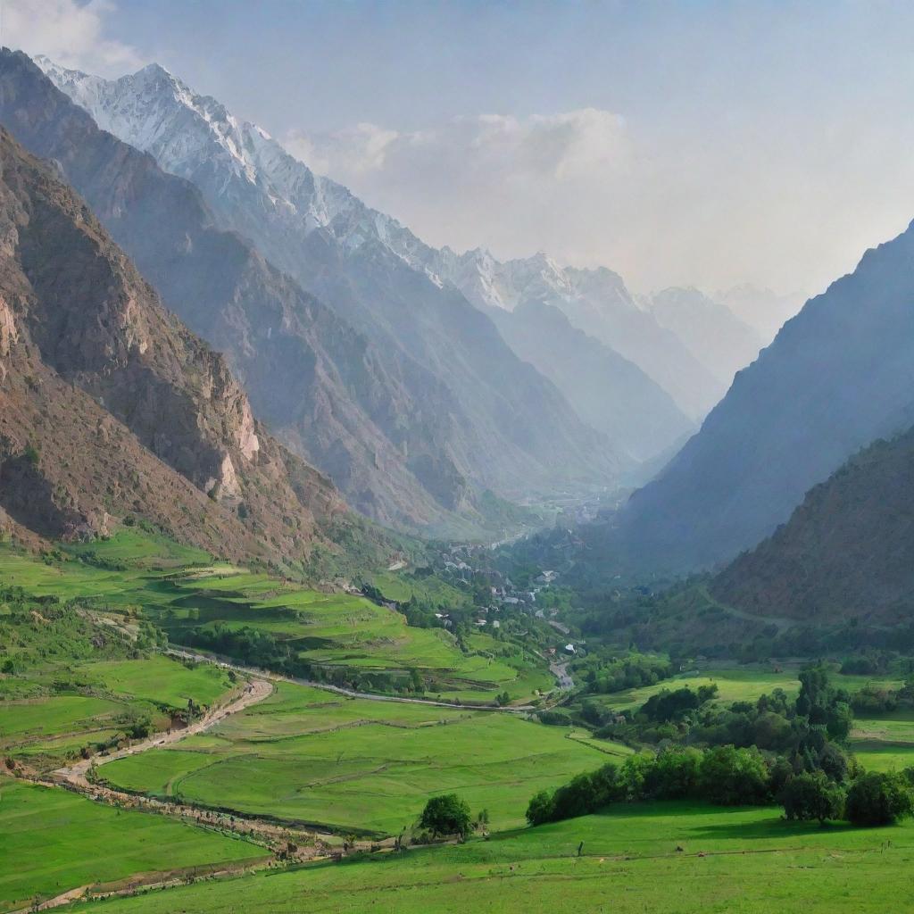 Scenic landscape of Pakistan featuring bustling cities, serene mountain ranges, lush green fields, and beautiful architectural triumphs