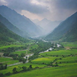 Scenic landscape of Pakistan featuring bustling cities, serene mountain ranges, lush green fields, and beautiful architectural triumphs