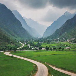 Scenic landscape of Pakistan featuring bustling cities, serene mountain ranges, lush green fields, and beautiful architectural triumphs