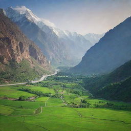 Scenic landscape of Pakistan featuring bustling cities, serene mountain ranges, lush green fields, and beautiful architectural triumphs