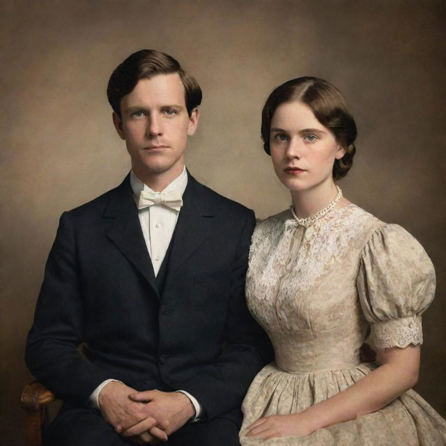 A vintage inspired portrait of two characters, one named Eleanor or Theodore and the other Winston or Clara. The overall aesthetic should be reminiscent of historical figures.