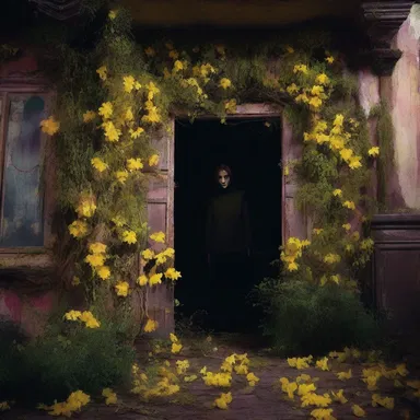 As the characters explored the haunted house, they stumbled upon a terrifying sight - the walls covered in overgrown verdolagas with glowing yellow flowers.