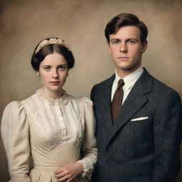 A vintage inspired portrait of two characters, one named Eleanor or Theodore and the other Winston or Clara. The overall aesthetic should be reminiscent of historical figures.