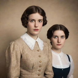 A vintage inspired portrait of two characters, one named Eleanor or Theodore and the other Winston or Clara. The overall aesthetic should be reminiscent of historical figures.