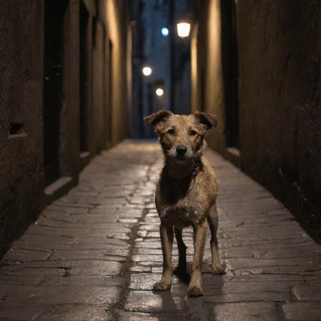 A street dog with scruffy fur, wandering down a dimly lit, narrow, cobblestone alley, displaying a sense of quiet resilience and independence