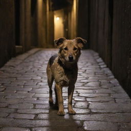 A street dog with scruffy fur, wandering down a dimly lit, narrow, cobblestone alley, displaying a sense of quiet resilience and independence