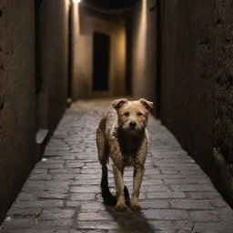 A street dog with scruffy fur, wandering down a dimly lit, narrow, cobblestone alley, displaying a sense of quiet resilience and independence