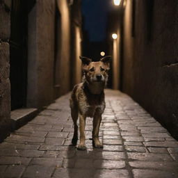 A street dog with scruffy fur, wandering down a dimly lit, narrow, cobblestone alley, displaying a sense of quiet resilience and independence