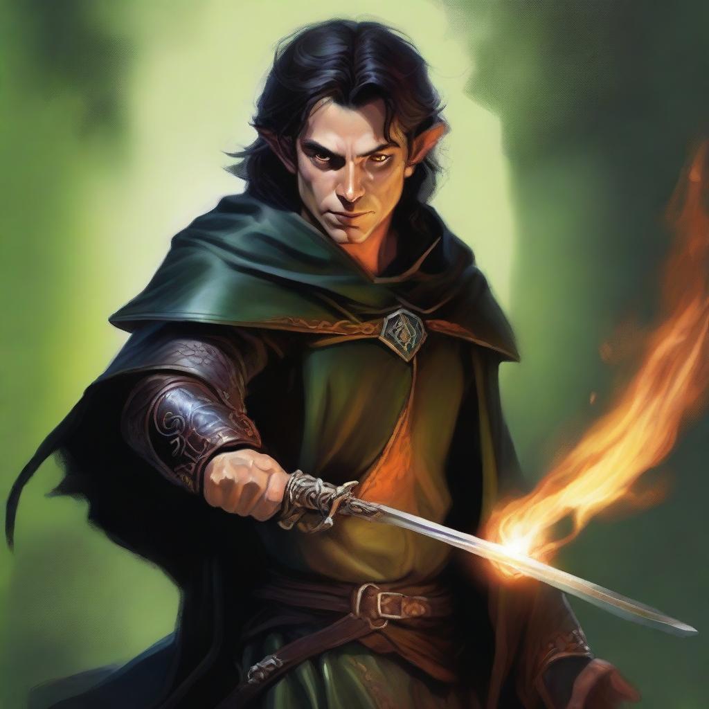 A high-quality digital painting, done in the style of Julie Bell, portrays a very handsome male Halfling wizard with tall, pointed ears and dark hair