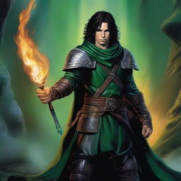 An image of a slim, handsome male Halfling wizard with pointed ears and dark hair, depicted in the style of Julie Bell