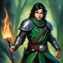 An image of a slim, handsome male Halfling wizard with pointed ears and dark hair, depicted in the style of Julie Bell