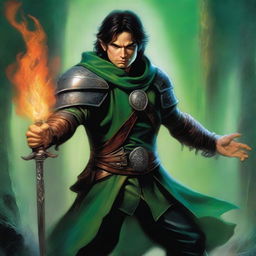 An image of a slim, handsome male Halfling wizard with pointed ears and dark hair, depicted in the style of Julie Bell