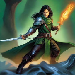 An image of a slim, handsome male Halfling wizard with pointed ears and dark hair, depicted in the style of Julie Bell