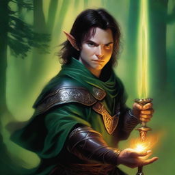 This high-quality digital art piece showcases a slim, attractive male Halfling wizard in the style of Julie Bell