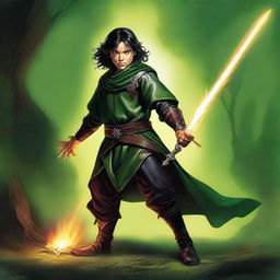 This high-quality digital art piece showcases a slim, attractive male Halfling wizard in the style of Julie Bell